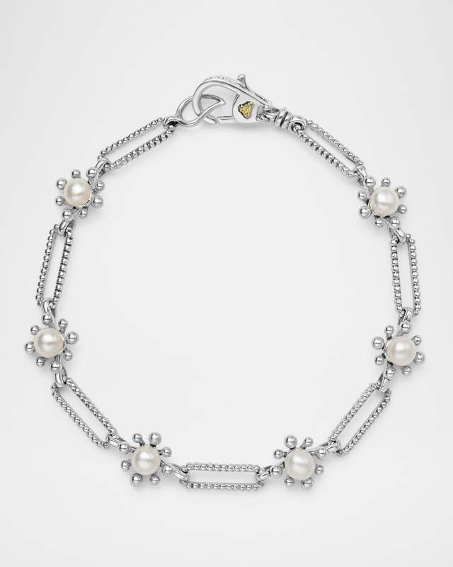 Luna Fleur Floral Pearl Link Bracelet in Sterling Silver, 7.5"L